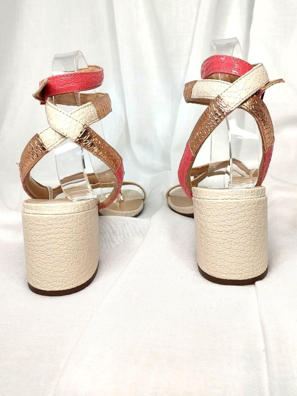 Schutz Cleo Snake Block Heel Sandals Metallic Gold Pink Ivory 10 - Picture 7 of 16